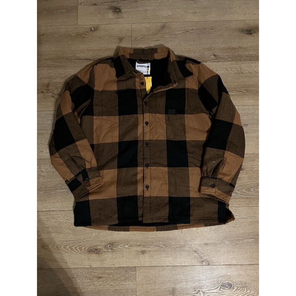 Caterpillar Mens Orange Plaid Sherpa Lined Button Up Flannel Shacket Size XL NWT